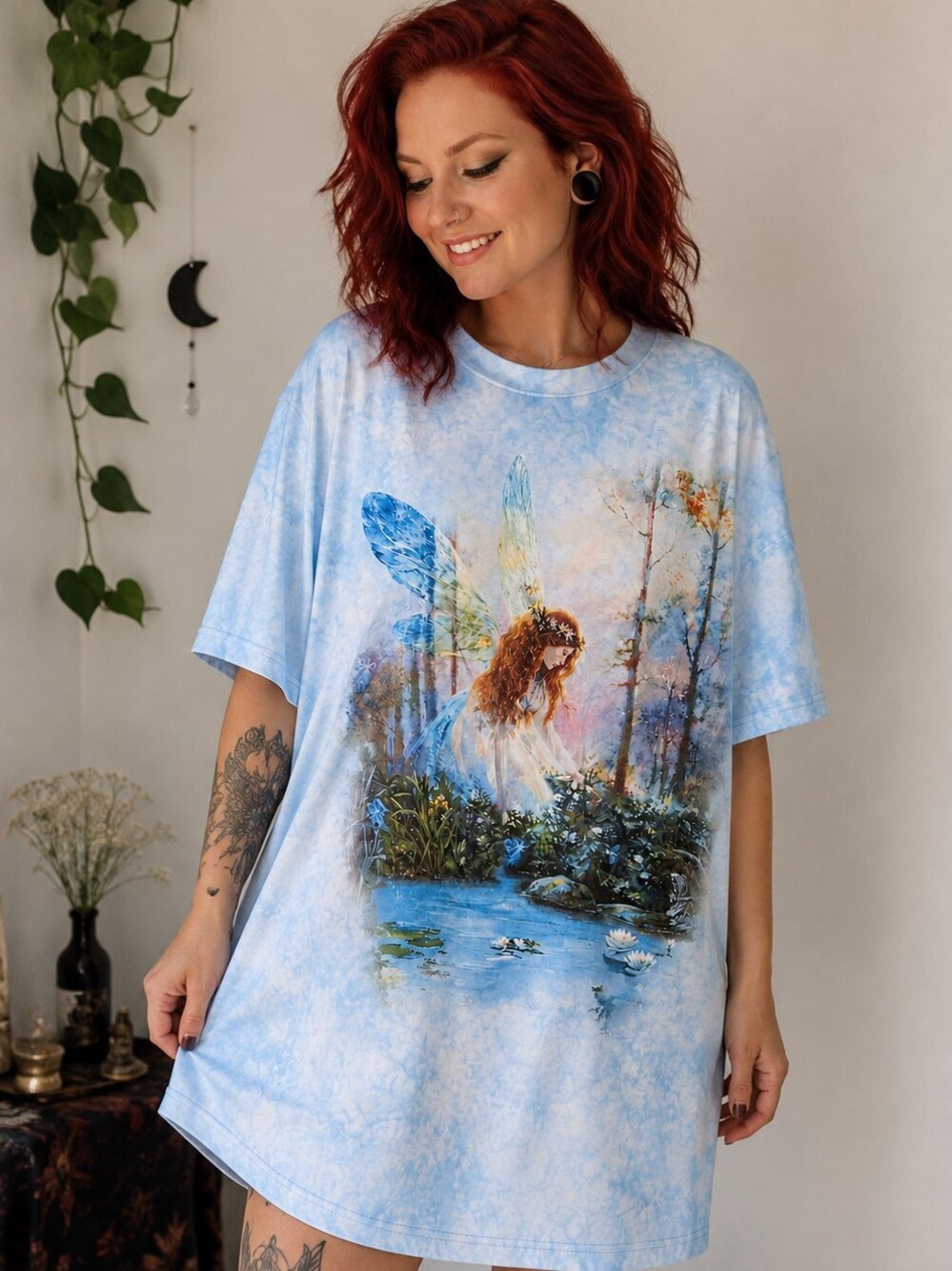 The Mountain Light Blue Fairy Graphic Short Sleeve Tunic